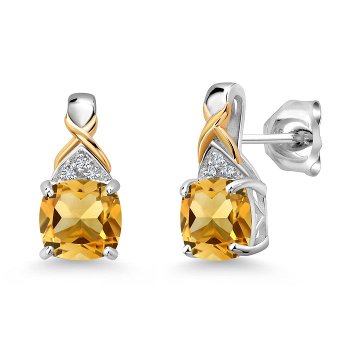 Gem Stone King Two-Tone Gemstone Birthstone Drop Earrings for Women | 925 Silver and 10K Yellow Gold | 6MM Cushion with Lab Grown Diamond Accents | Fine Jewelry Gifts
