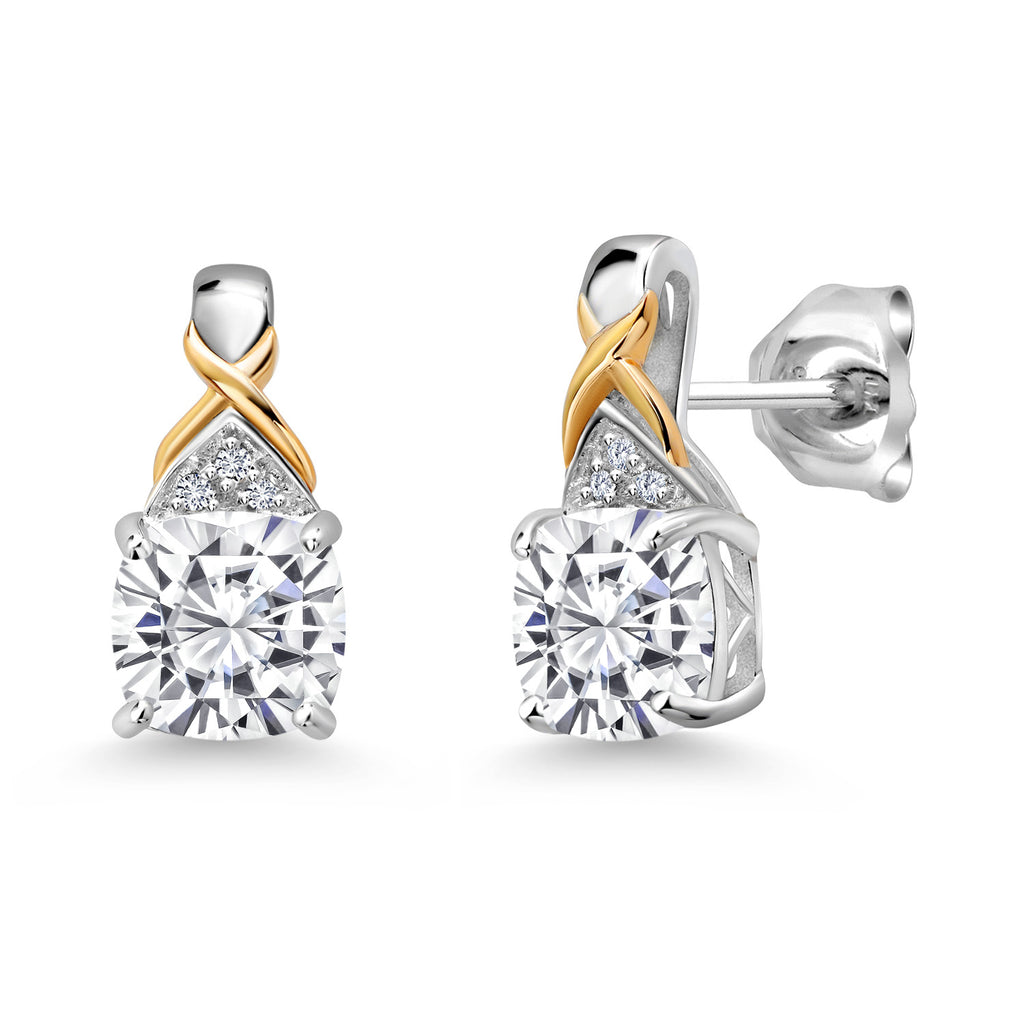 White Moissanite - April_Earrings in 925 Sterling Silver and 10K Yellow Gold