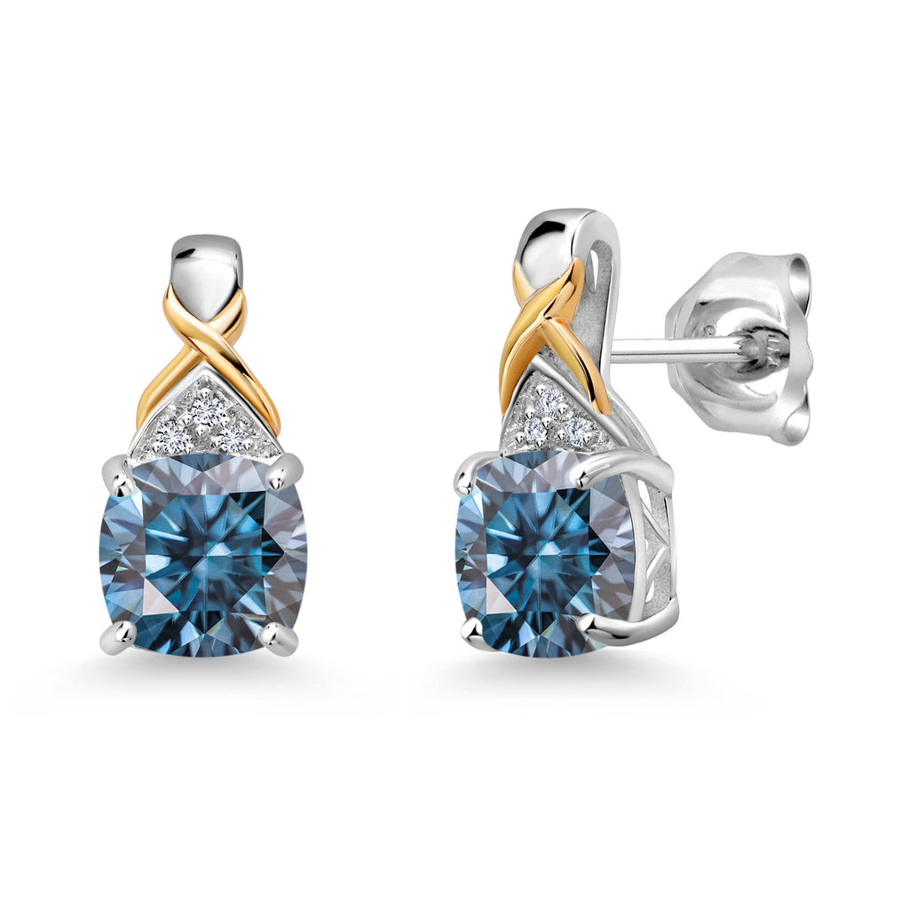 Gem Stone King Two-Tone Gemstone Birthstone Drop Earrings for Women | 925 Silver and 10K Yellow Gold | 6MM Cushion with Lab Grown Diamond Accents | Fine Jewelry Gifts
