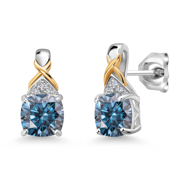 Gem Stone King Two-Tone Gemstone Birthstone Drop Earrings for Women | 925 Silver and 10K Yellow Gold | 6MM Cushion with Lab Grown Diamond Accents | Fine Jewelry Gifts