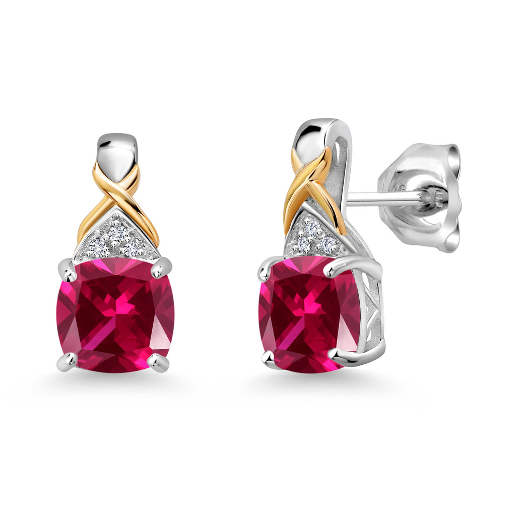 Created Ruby - July_Earrings in 925 Sterling Silver and 10K Yellow Gold