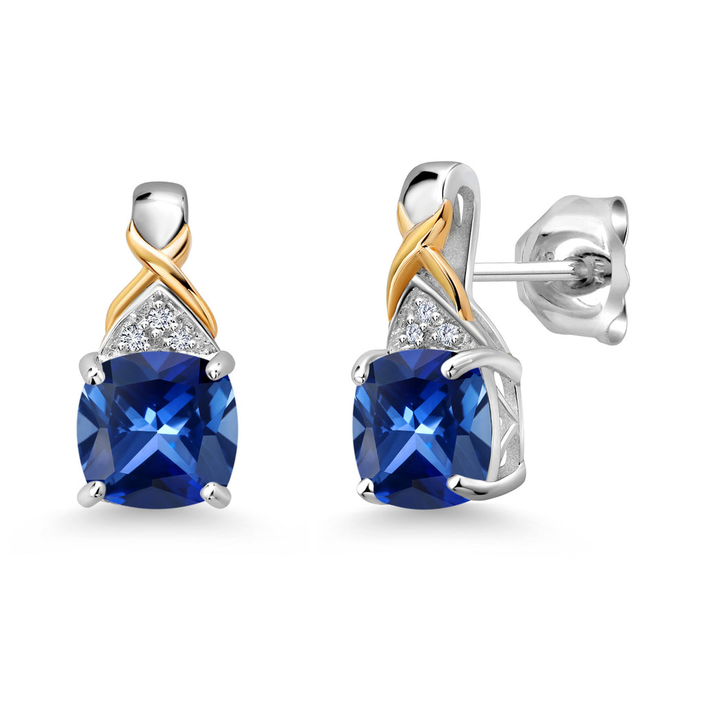 Gem Stone King Two-Tone Gemstone Birthstone Drop Earrings for Women | 925 Silver and 10K Yellow Gold | 6MM Cushion with Lab Grown Diamond Accents | Fine Jewelry Gifts