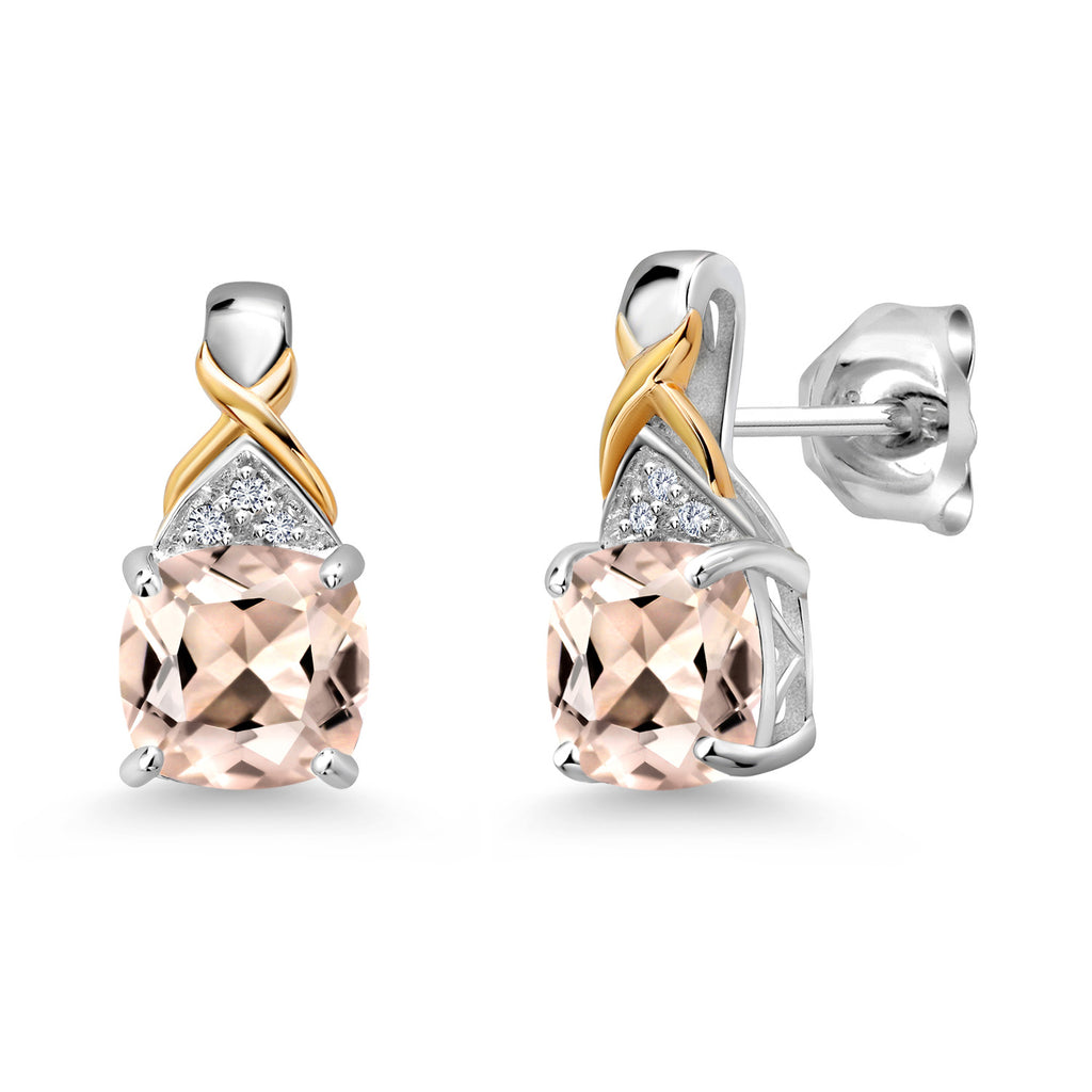 Gem Stone King Two-Tone Gemstone Birthstone Drop Earrings for Women | 925 Silver and 10K Yellow Gold | 6MM Cushion with Lab Grown Diamond Accents | Fine Jewelry Gifts