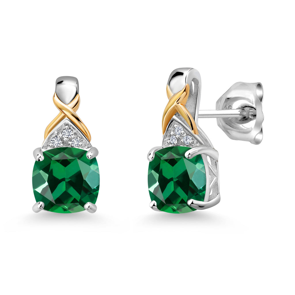 Gem Stone King Two-Tone Gemstone Birthstone Drop Earrings for Women | 925 Silver and 10K Yellow Gold | 6MM Cushion with Lab Grown Diamond Accents | Fine Jewelry Gifts