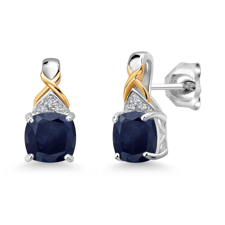 Gem Stone King Two-Tone Gemstone Birthstone Drop Earrings for Women | 925 Silver and 10K Yellow Gold | 6MM Cushion with Lab Grown Diamond Accents | Fine Jewelry Gifts