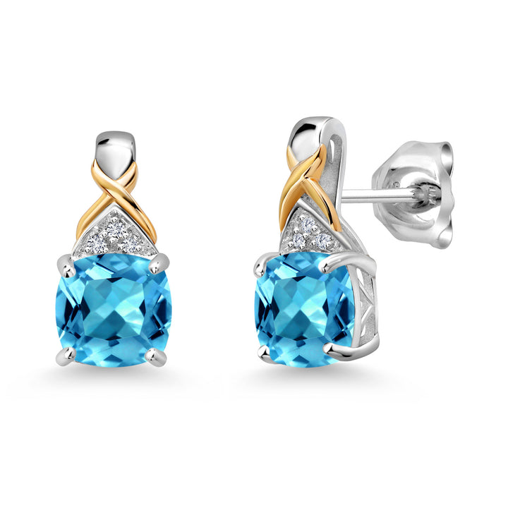 Gem Stone King Two-Tone Gemstone Birthstone Drop Earrings for Women | 925 Silver and 10K Yellow Gold | 6MM Cushion with Lab Grown Diamond Accents | Fine Jewelry Gifts