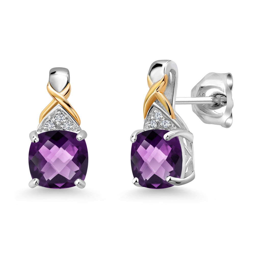Amethyst-Checkerboard - February_Earrings in 925 Sterling Silver and 10K Yellow Gold
