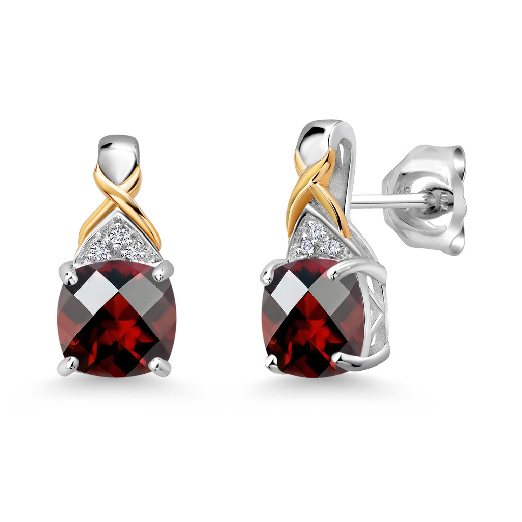 Gem Stone King Two-Tone Gemstone Birthstone Drop Earrings for Women | 925 Silver and 10K Yellow Gold | 6MM Cushion with Lab Grown Diamond Accents | Fine Jewelry Gifts
