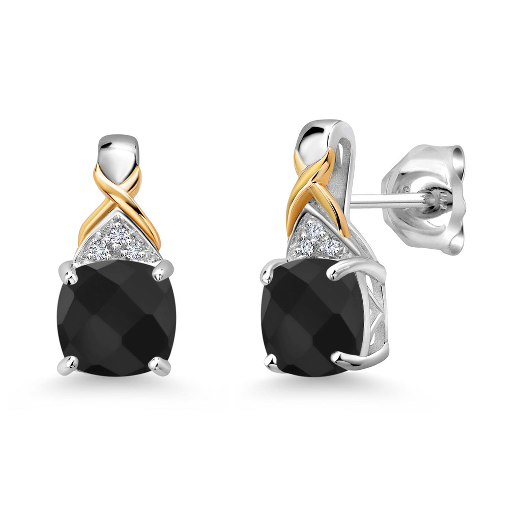 Gem Stone King Two-Tone Gemstone Birthstone Drop Earrings for Women | 925 Silver and 10K Yellow Gold | 6MM Cushion with Lab Grown Diamond Accents | Fine Jewelry Gifts