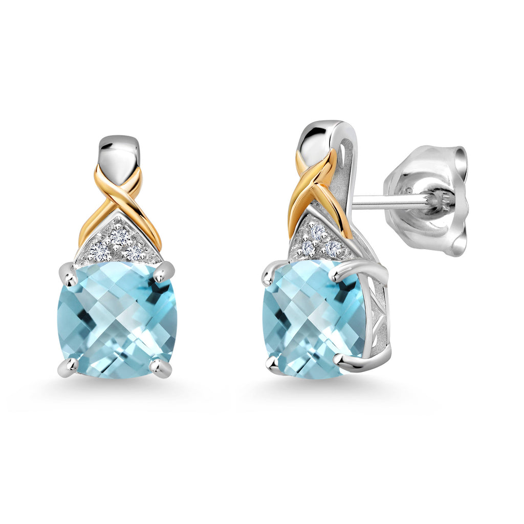 Gem Stone King Two-Tone Gemstone Birthstone Drop Earrings for Women | 925 Silver and 10K Yellow Gold | 6MM Cushion with Lab Grown Diamond Accents | Fine Jewelry Gifts