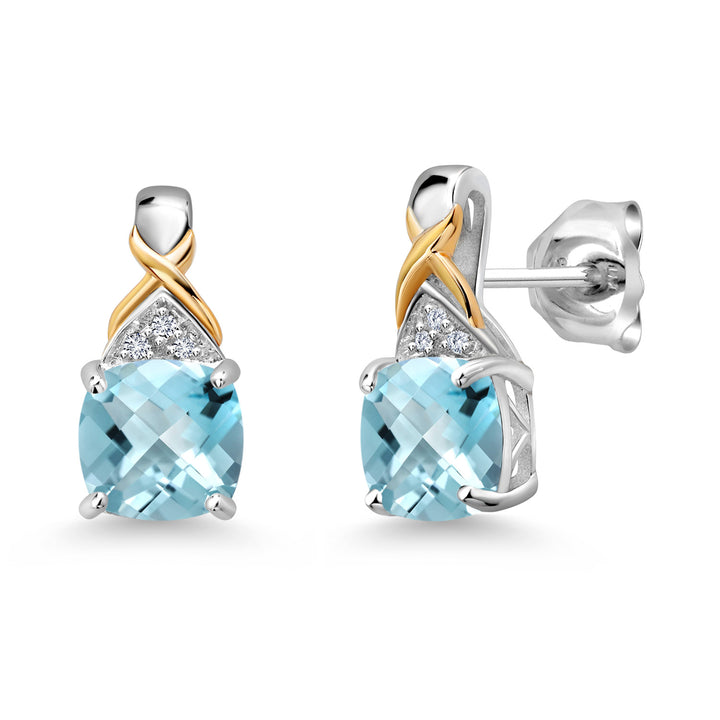 Gem Stone King Two-Tone Gemstone Birthstone Drop Earrings for Women | 925 Silver and 10K Yellow Gold | 6MM Cushion with Lab Grown Diamond Accents | Fine Jewelry Gifts