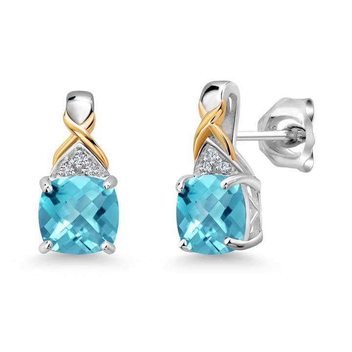 Gem Stone King Two-Tone Gemstone Birthstone Drop Earrings for Women | 925 Silver and 10K Yellow Gold | 6MM Cushion with Lab Grown Diamond Accents | Fine Jewelry Gifts