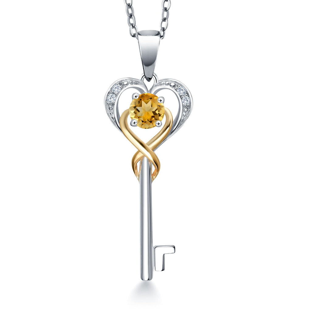Gem Stone King Heart Key Pendant Necklace For Women | 4MM Round Gemstone Birthstone and Lab Grown Diamond | 925 Sterling Silver and 10K Yellow Gold | Love Pendant Necklace | With 18 Inch Chain