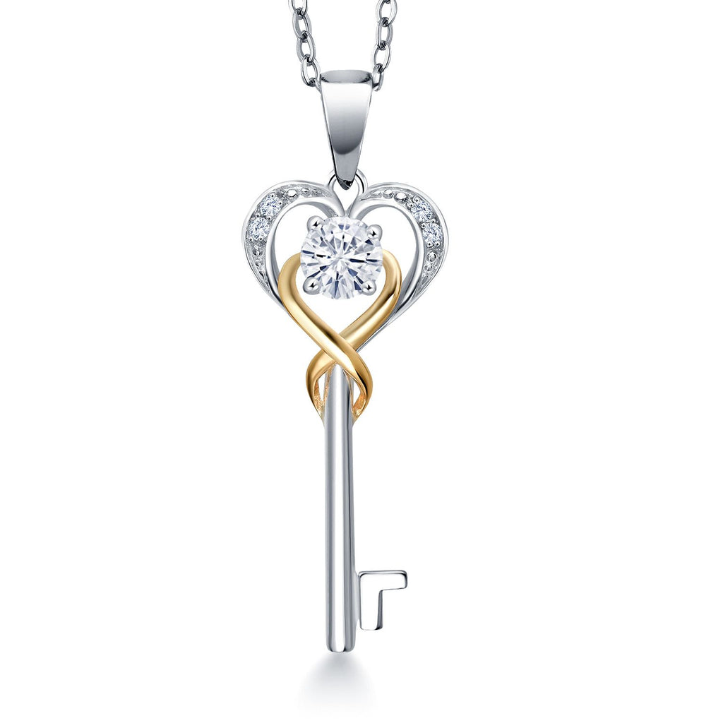 Gem Stone King Heart Key Pendant Necklace For Women | 4MM Round Gemstone Birthstone and Lab Grown Diamond | 925 Sterling Silver and 10K Yellow Gold | Love Pendant Necklace | With 18 Inch Chain