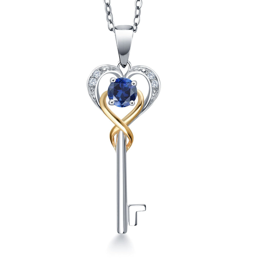 Gem Stone King Heart Key Pendant Necklace For Women | 4MM Round Gemstone Birthstone and Lab Grown Diamond | 925 Sterling Silver and 10K Yellow Gold | Love Pendant Necklace | With 18 Inch Chain