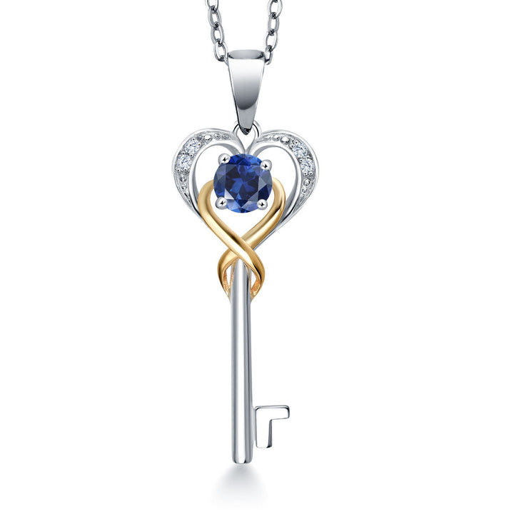 Blue Created Sapphire - September_Pendant in 925 Sterling Silver and 10K Yellow Gold