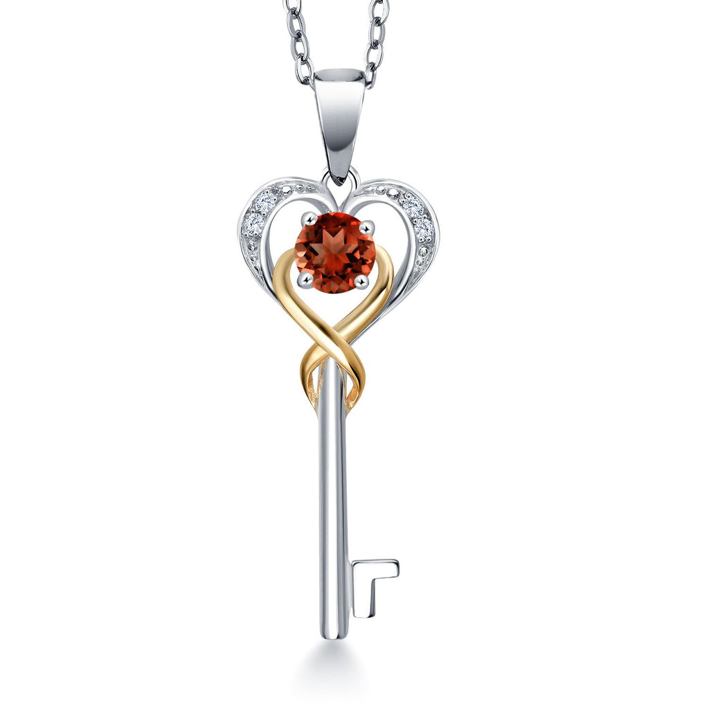 Gem Stone King Heart Key Pendant Necklace For Women | 4MM Round Gemstone Birthstone and Lab Grown Diamond | 925 Sterling Silver and 10K Yellow Gold | Love Pendant Necklace | With 18 Inch Chain
