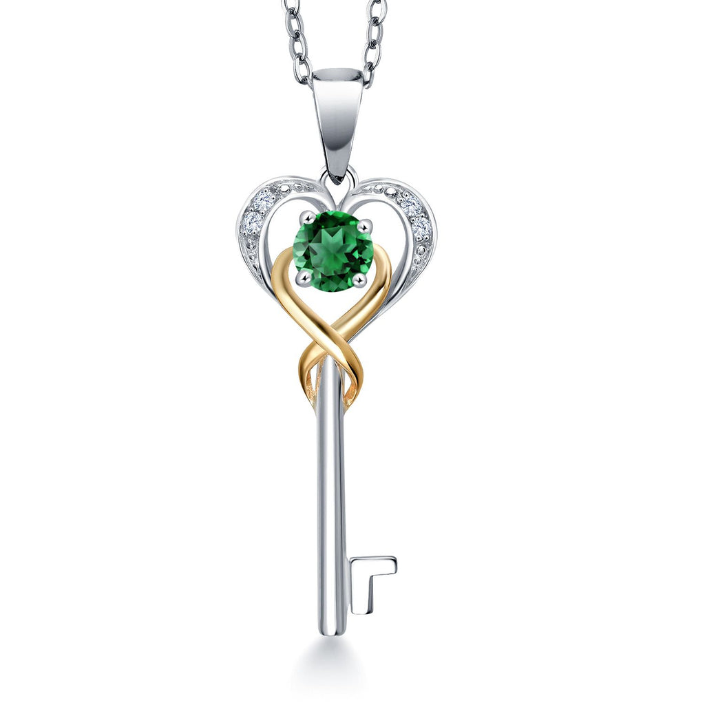 Gem Stone King Heart Key Pendant Necklace For Women | 4MM Round Gemstone Birthstone and Lab Grown Diamond | 925 Sterling Silver and 10K Yellow Gold | Love Pendant Necklace | With 18 Inch Chain