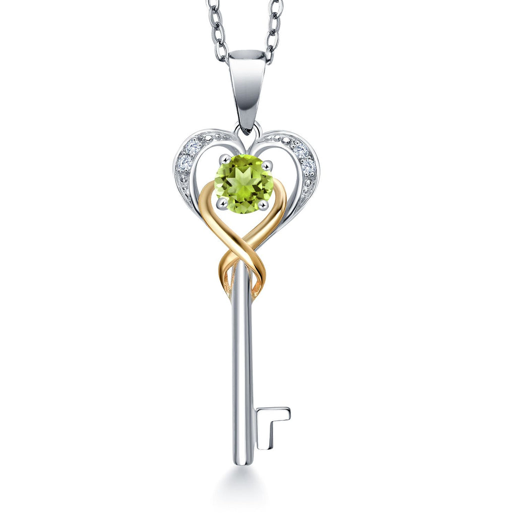 Gem Stone King Heart Key Pendant Necklace For Women | 4MM Round Gemstone Birthstone and Lab Grown Diamond | 925 Sterling Silver and 10K Yellow Gold | Love Pendant Necklace | With 18 Inch Chain