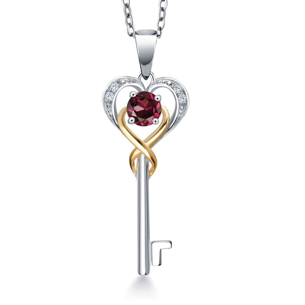 Gem Stone King Heart Key Pendant Necklace For Women | 4MM Round Gemstone Birthstone and Lab Grown Diamond | 925 Sterling Silver and 10K Yellow Gold | Love Pendant Necklace | With 18 Inch Chain