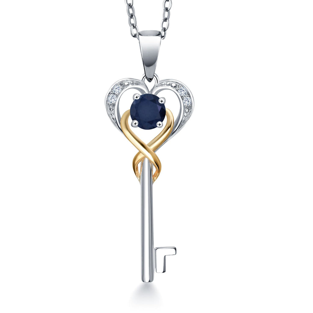 Gem Stone King Heart Key Pendant Necklace For Women | 4MM Round Gemstone Birthstone and Lab Grown Diamond | 925 Sterling Silver and 10K Yellow Gold | Love Pendant Necklace | With 18 Inch Chain