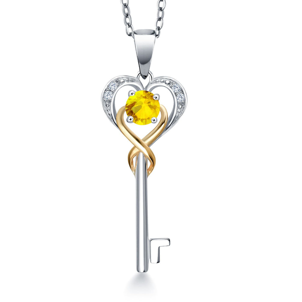 Gem Stone King Heart Key Pendant Necklace For Women | 4MM Round Gemstone Birthstone and Lab Grown Diamond | 925 Sterling Silver and 10K Yellow Gold | Love Pendant Necklace | With 18 Inch Chain