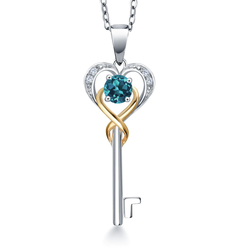 Gem Stone King Heart Key Pendant Necklace For Women | 4MM Round Gemstone Birthstone and Lab Grown Diamond | 925 Sterling Silver and 10K Yellow Gold | Love Pendant Necklace | With 18 Inch Chain