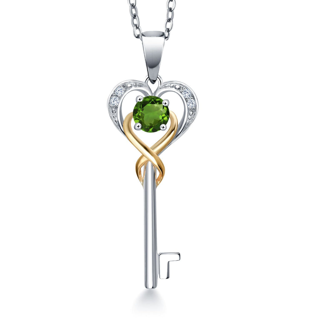 Gem Stone King Heart Key Pendant Necklace For Women | 4MM Round Gemstone Birthstone and Lab Grown Diamond | 925 Sterling Silver and 10K Yellow Gold | Love Pendant Necklace | With 18 Inch Chain