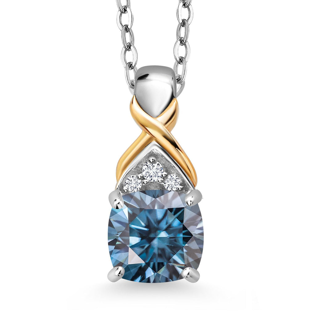 Persian Blue Moissanite - April_Pendant in 925 Sterling Silver and 10K Yellow Gold