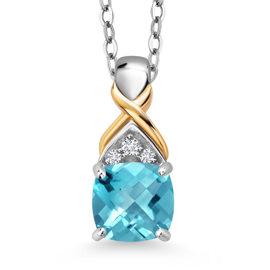 Swiss Blue Topaz-Checkerboard - November_Pendant in 925 Sterling Silver and 10K Yellow Gold