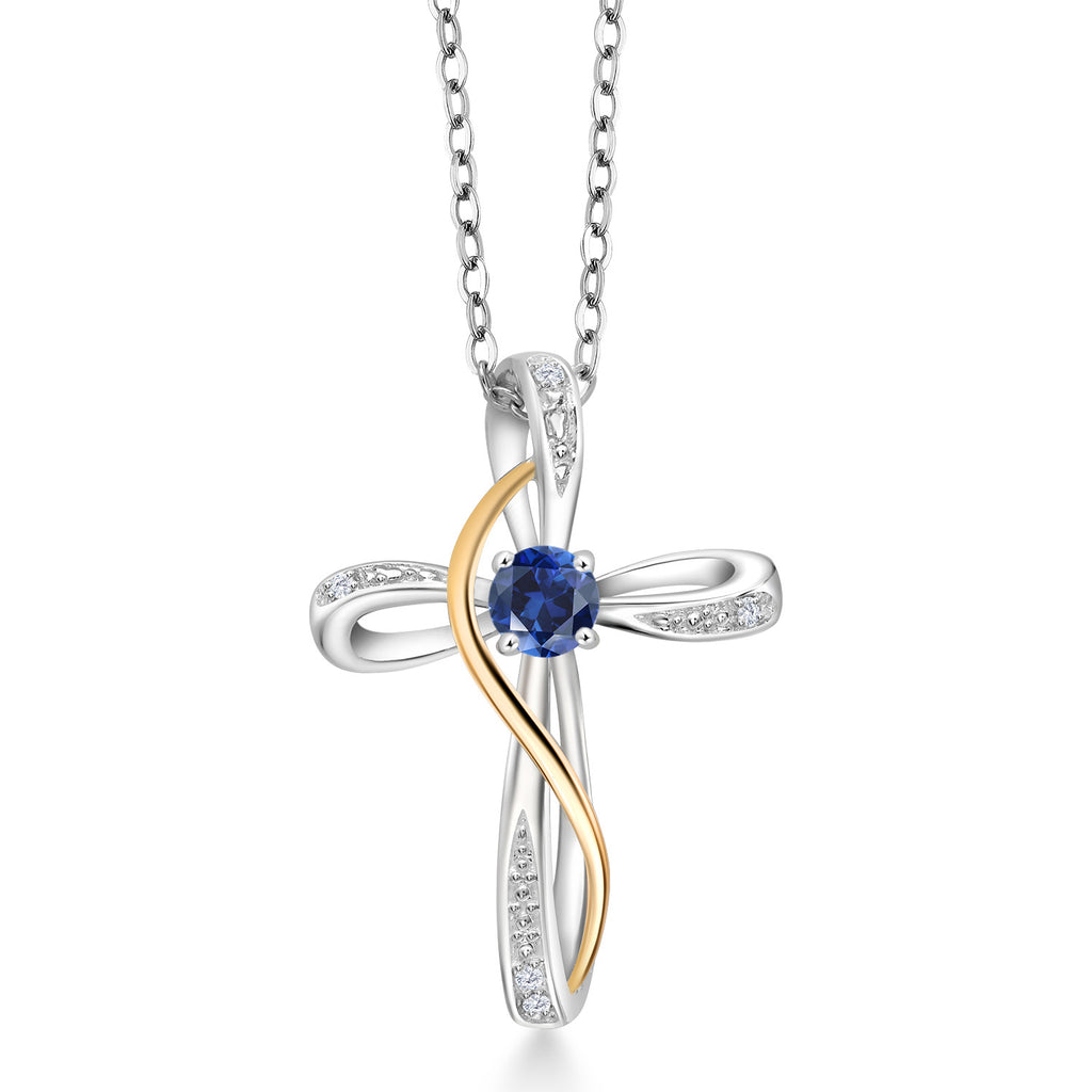 Blue Created Sapphire - September_Pendant in 925 Sterling Silver and 10K Yellow Gold