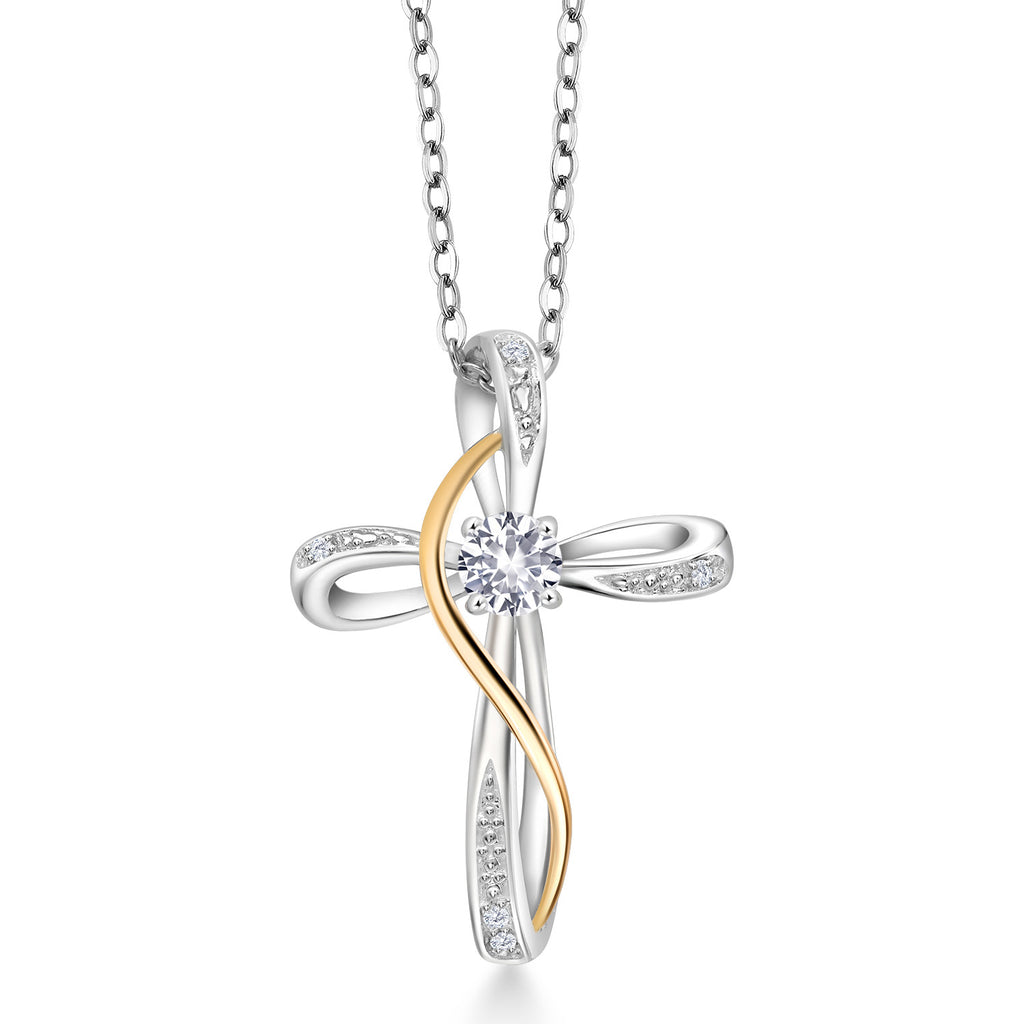 White Created Sapphire_Pendant in 925 Sterling Silver and 10K Yellow Gold