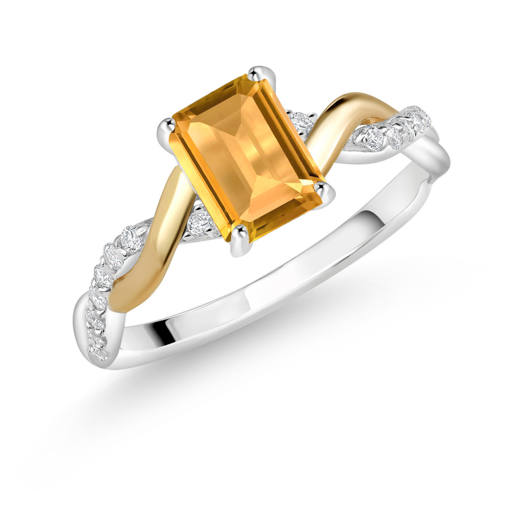 Gem Stone King Emerald Cut Gemstone Birthstone and Lab Grown Diamond Engagement Ring | 925 Silver and 10K Yellow Gold | Emerald Cut 7X5MM | Wedding Anniversary Promise Ring | Available In Size 5-9