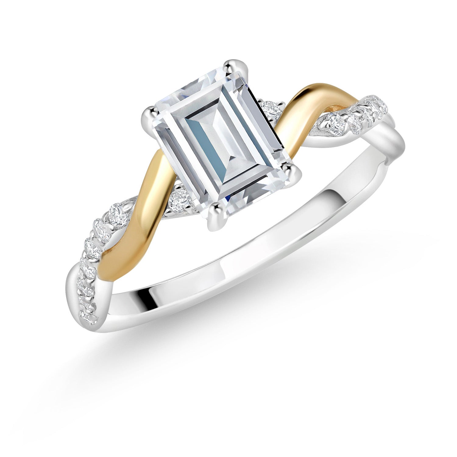 White Moissanite - April_8_Ring in 925 Sterling Silver and 10K Yellow Gold