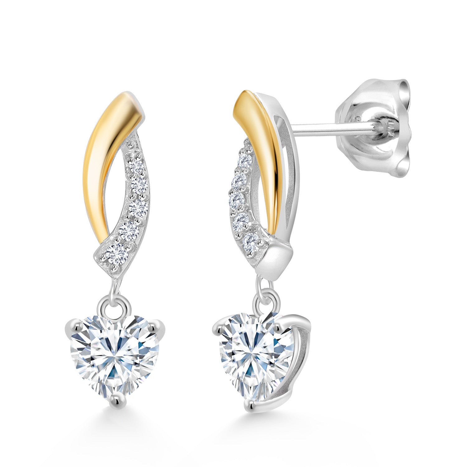 925 Silver and 10K Yellow Gold White Moissanite and White Lab Grown Diamond Dangle Earrings For Women | 0.91 Cttw | Gemstone | Heart Shape 5MM