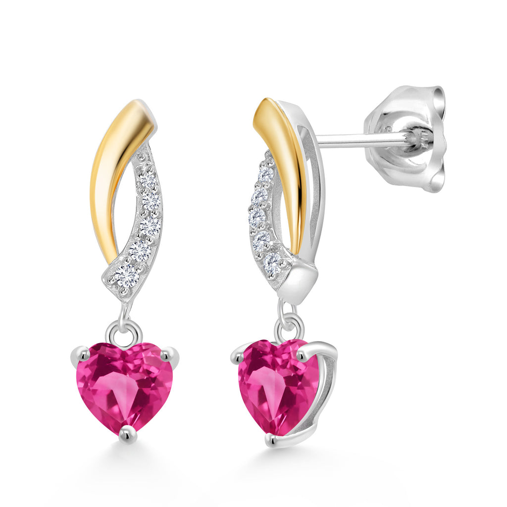 Pink Created Sapphire - September_Earrings in 925 Sterling Silver and 10K Yellow Gold