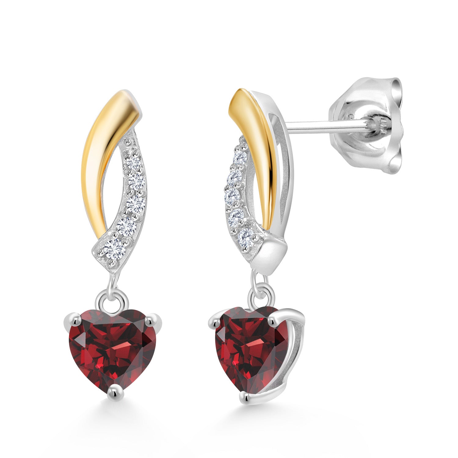 925 Silver and 10K Yellow Gold Red Garnet and White Lab Grown Diamond Dangle Earrings For Women | 1.27 Cttw | Gemstone January Birthstone | Heart Shape 5MM