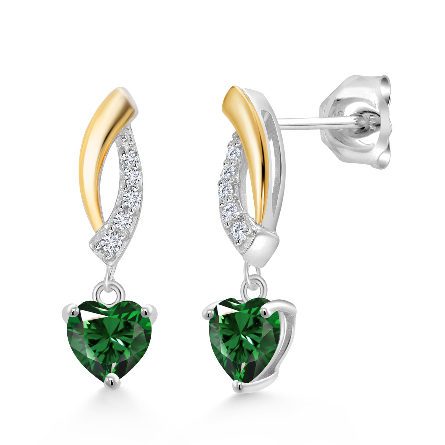 925 Silver and 10K Yellow Gold Green Nano Emerald and White Lab Grown Diamond Dangle Earrings For Women | 1.07 Cttw | Gemstone May Birthstone | Heart Shape 5MM