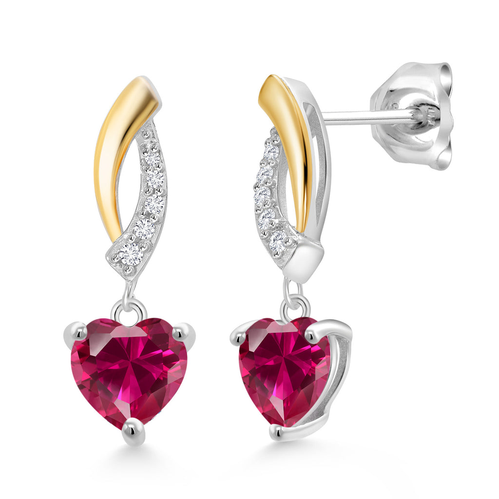 Created Ruby - July_Earrings in 925 Sterling Silver and 10K Yellow Gold