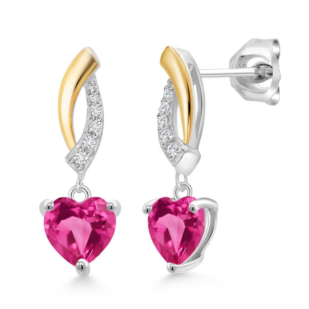 Pink Created Sapphire - September_Earrings in 925 Sterling Silver and 10K Yellow Gold