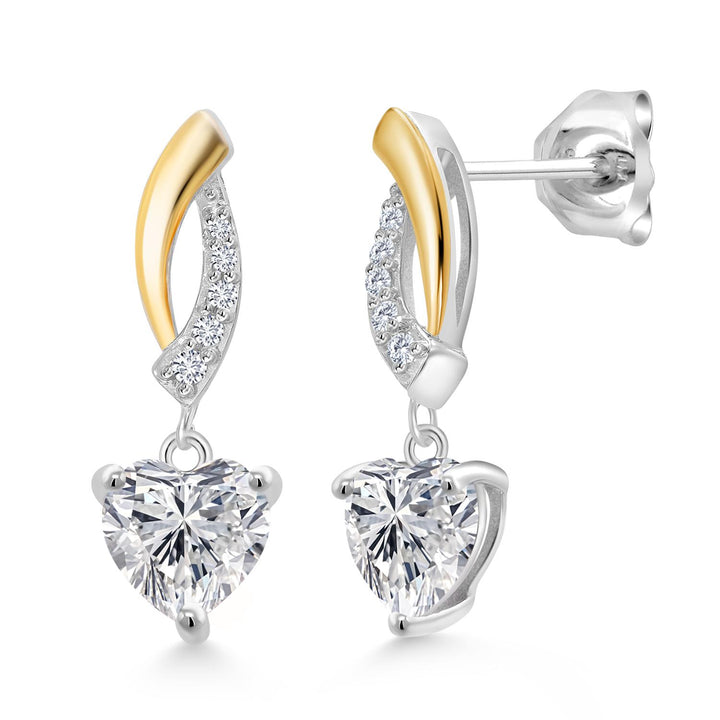 925 Silver and 10K Yellow Gold IGI Certified Lab Grown Diamond Dangle Earrings For Women | 2.10 Cttw | Heart Shape Diamonds Each 1 Ct | F-G Color | VS Clarity