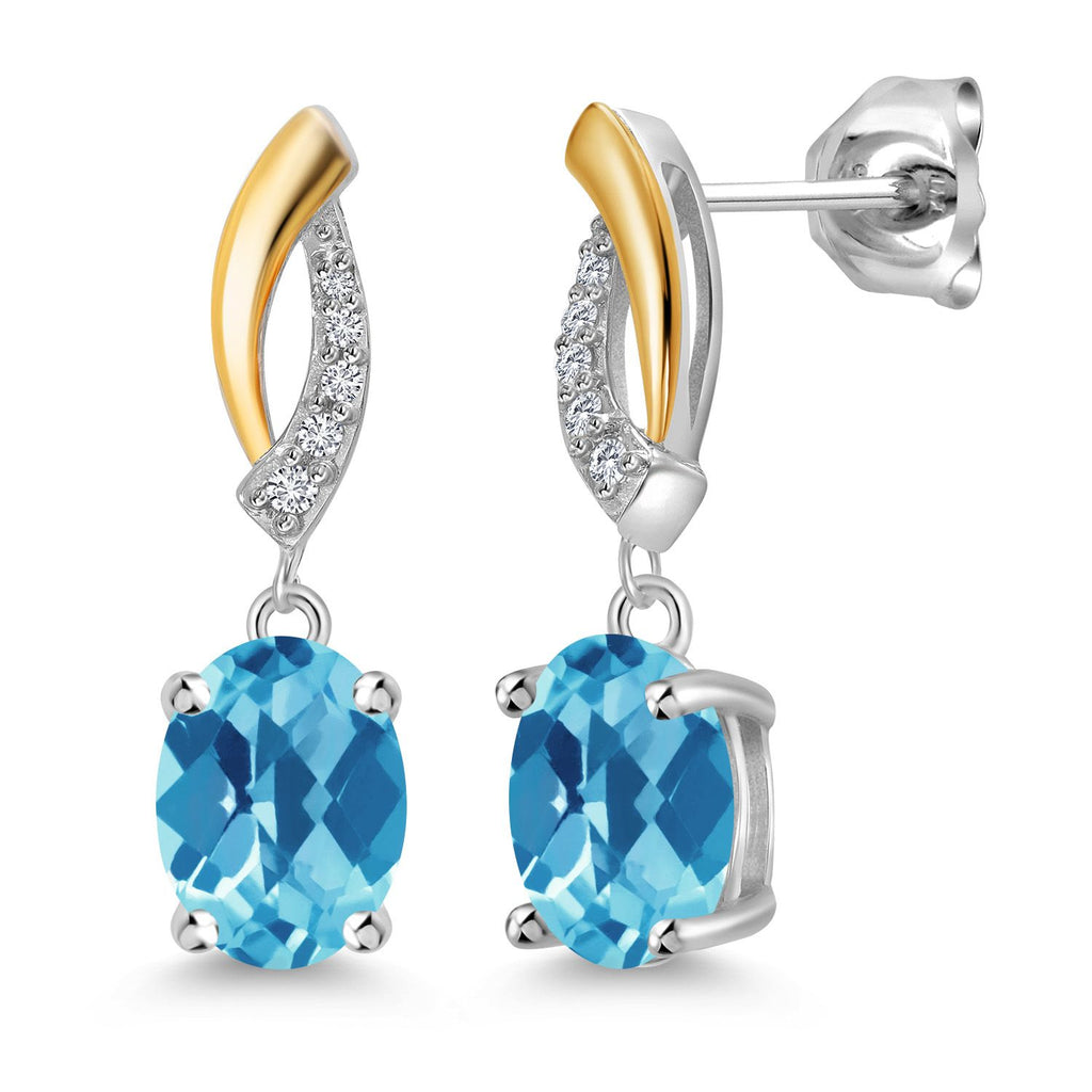 Swiss Blue Topaz-Checkerboard_Earrings in 925 Sterling Silver and 10K Yellow Gold