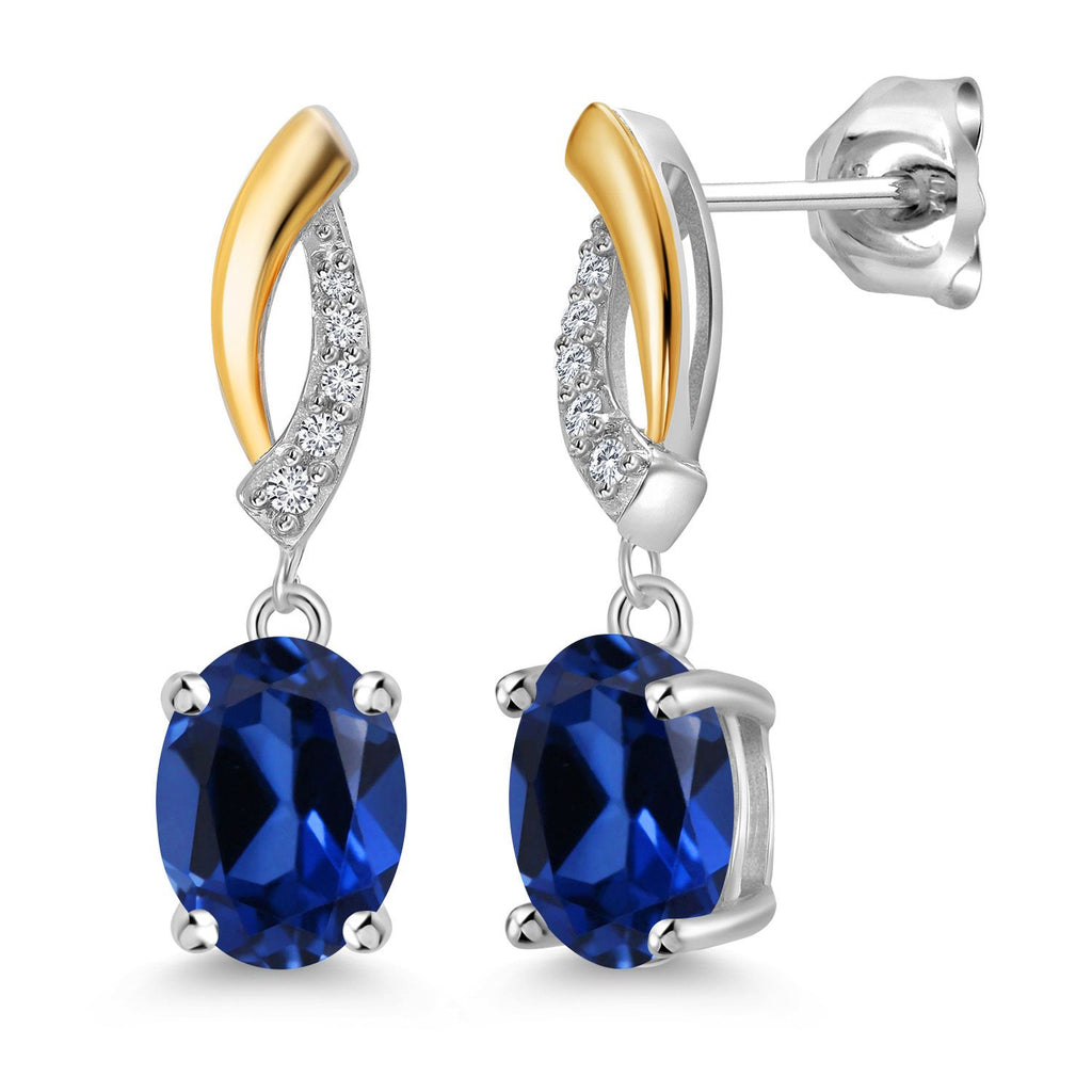 Blue Created Sapphire - September_Earrings in 925 Sterling Silver and 10K Yellow Gold