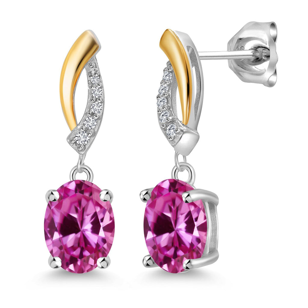 Pink Created Sapphire - September_Earrings in 925 Sterling Silver and 10K Yellow Gold