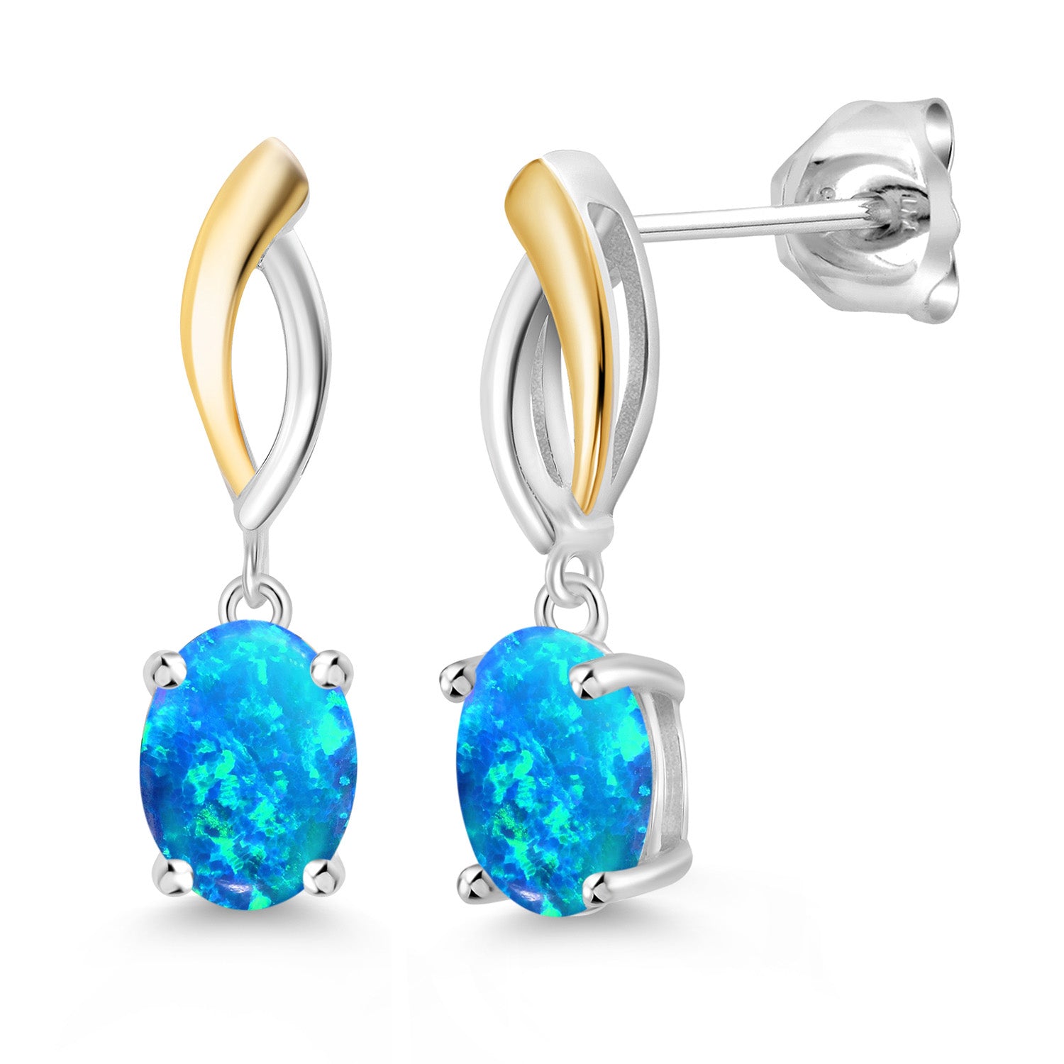 925 Silver and 10K Yellow Gold Cabochon Blue Simulated Opal Dangle Earrings For Women (2.12 Cttw, Oval 8X6MM)