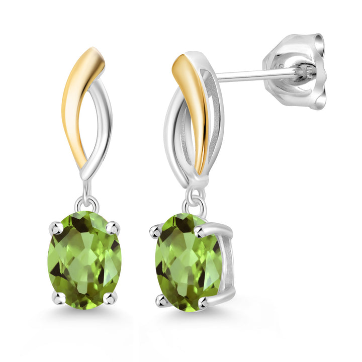 925 Sterling Silver and 10K Yellow Gold Green Peridot Dangle Earrings For Women (2.84 Cttw Gemstone Birthstone, Oval 8X6MM)