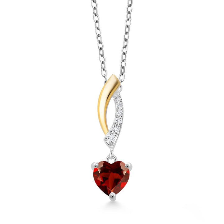 1.05 Ct Heart Shape Red Garnet 925 Silver and 10K Yellow Gold Lab Grown Diamond Pendant Necklace with Chain