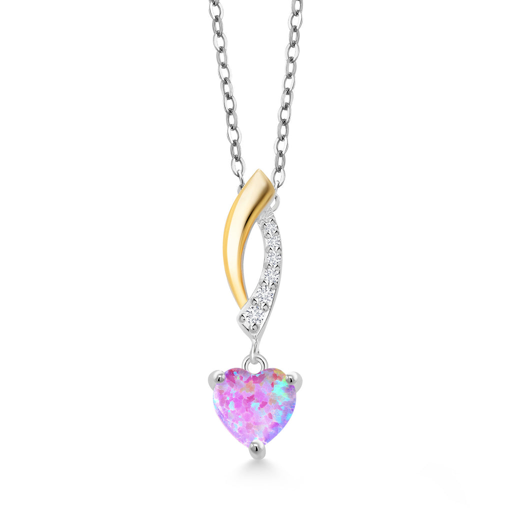Pink Simulated Opal - October_Pendant in 925 Sterling Silver and 10K Yellow Gold