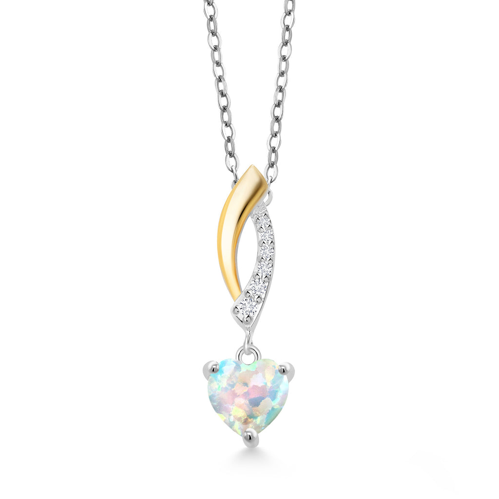 White Simulated Opal - October_Pendant in 925 Sterling Silver and 10K Yellow Gold
