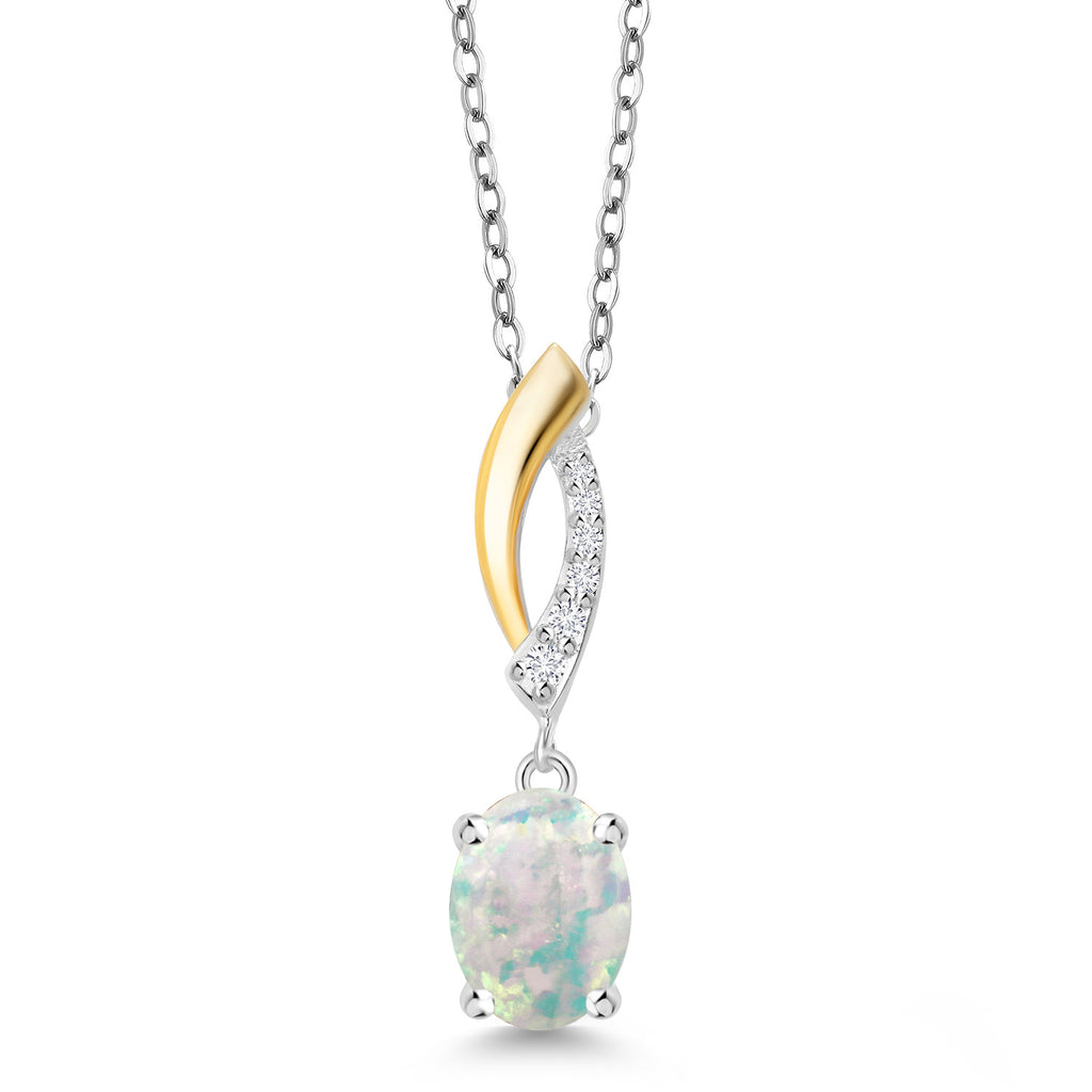 White Simulated Opal-Cabochon - October_Pendant in 925 Sterling Silver and 10K Yellow Gold
